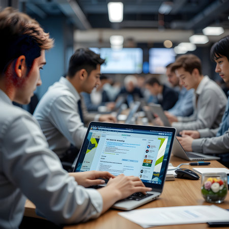 group of young business people using laptop and tablet computer at modern startup officeの素材