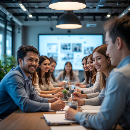 business, startup and people concept - group of smiling creative team meeting in officeの素材
