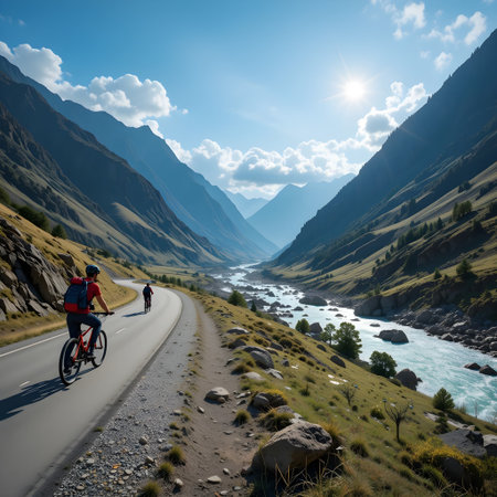 Cyclists on the road in the mountains of the Altai Republic.の素材