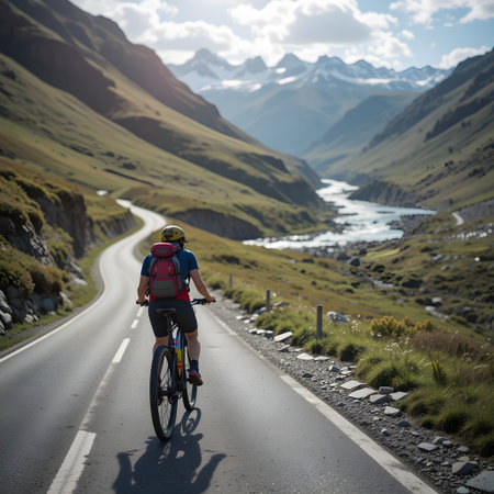 Mountain bike cyclist on road in beautiful landscape of New Zealand alpsの素材