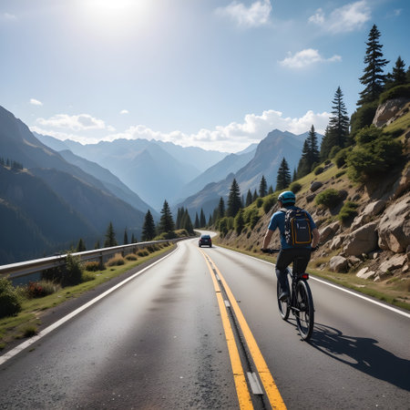 Cyclist riding on the road in the mountains. Sport and active life concept.の素材