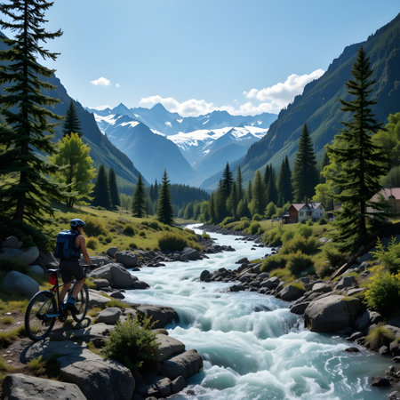 Cyclist on the background of the mountain river and high peaksの素材