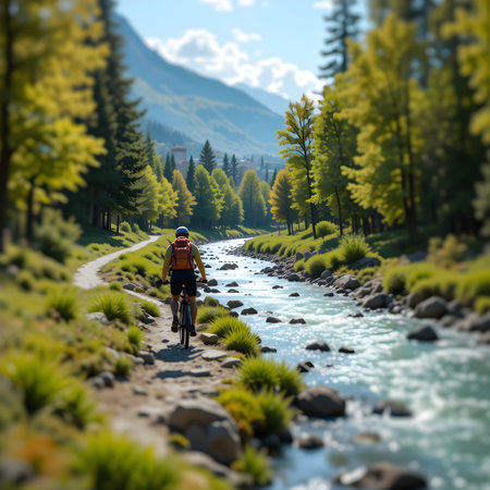 Cyclist riding mountain bike on the trail in Cordillera Blanca, Peruの素材