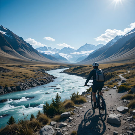 Cyclist Riding the Bike on the Trail in the Pine Forestの素材