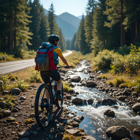 Cyclist Riding Mountain Bike on the Road in the Rocky Mountainsの素材
