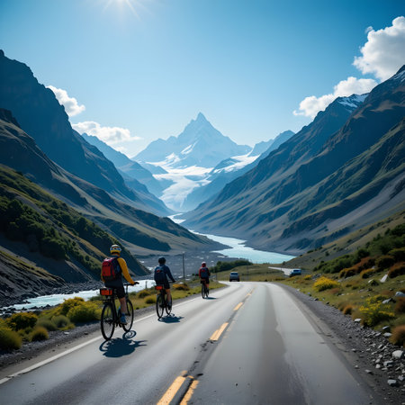 Cyclists on the road in Cordillera Blanca, Peruの素材