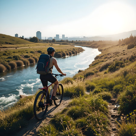 Cyclist Riding a Bike on a Trail in the Beautiful Sunsetの素材