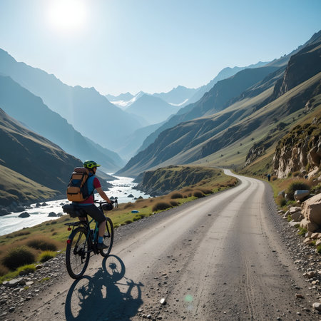 Cyclist on the road in Cordillera Blanca, Peruの素材