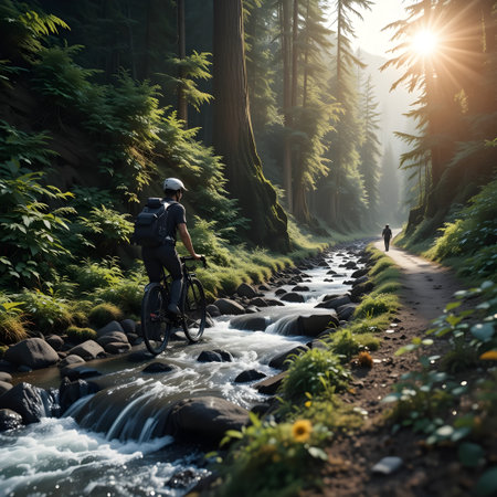 Cyclist riding on a mountain river in the forest at sunsetの素材
