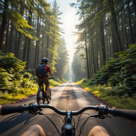 Cyclist riding bicycle on the road in the forest at sunriseの素材