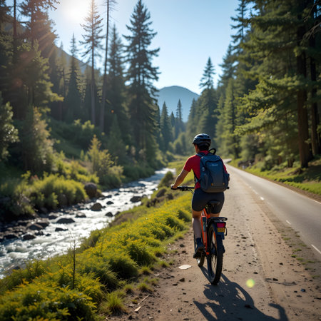 Cyclist Riding the Bike on the Trail in the Rocky Mountainsの素材