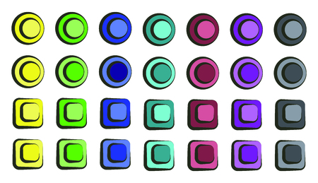 Set of colorful cartoon buttons in vector. There are circles and squares. These are switches that can be squeezed. These colors are yellow, green, blue, red, purple and gray.のイラスト素材