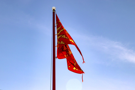 Flags on the hill by the Buda castle in Budapect, Hungary. There are blue sky in summer sunny day.