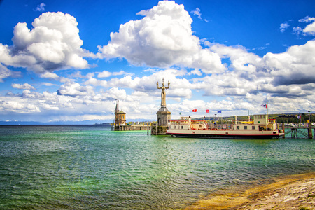 The city Constance on the Lake Constace, Bodensee. The view from the ship on the port with big...