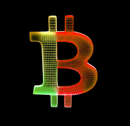 3D Bitcoin projected byorange and yellow laser on a black background. Bitcoin is an electronic currency.の写真素材