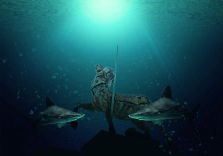It is natural background with Big bull sharks in the clear blue water of Atlantic ocean. On the ocean floor lies a sunken statue. The dark deep ocean illuminates the sunの写真素材