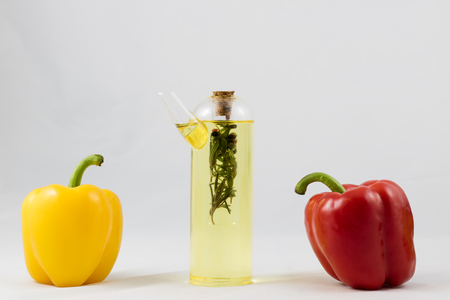Wonderful Italian food, peppers, tomatoes and olive oil isolated on white backgroundの写真素材