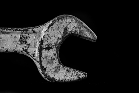 Rusty, old workshop keys. Hydraulic keys on a black table in a workshop.の写真素材
