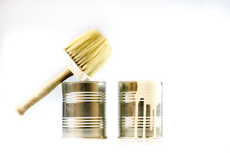 Paint can and brushes on a white background. Paint and repair accessories. Isolated.の写真素材