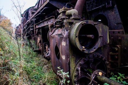 Old rusty trains. Old abandoned track, siding with dirty old trains. Old railway tracksの写真素材