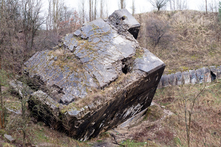 German fortifications in the Polish Pomerania. Bunkers of the Pomeranian embankment destroyed by the Russians. Pomeranian Lake District.の写真素材