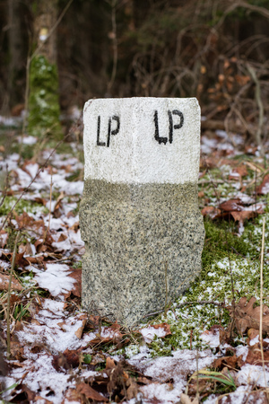 Branch post in the forest. Marking in forest area. A stone post painted white with black numbers. Forest in the winter.の写真素材