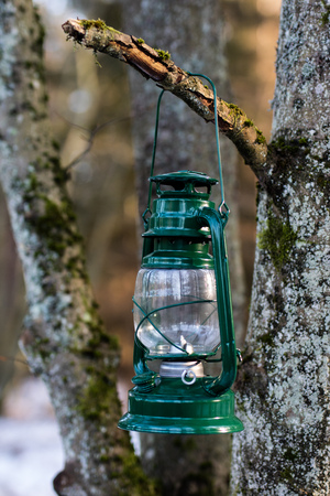 Oil lamp suspended on a branch in the forest. Old traditional lighting by the forest path. Winter season.の写真素材