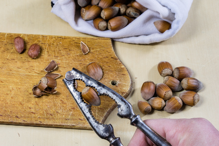 Tasty hazelnuts on a wooden kitchen table. Forest specialties and kitchen accessories. Dark background.の写真素材
