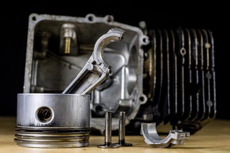 Crankshaft, piston and other parts of the internal combustion engine. Disassembled single-piston...