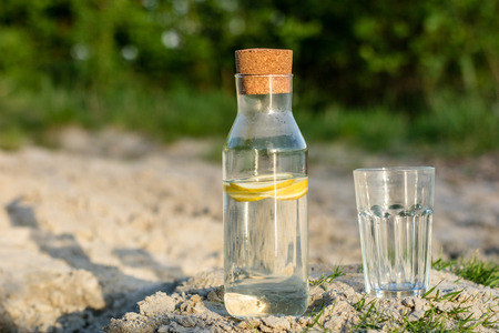 A bottle of water with lemon and a glass. Drink set in the grass by the lake Spring season.