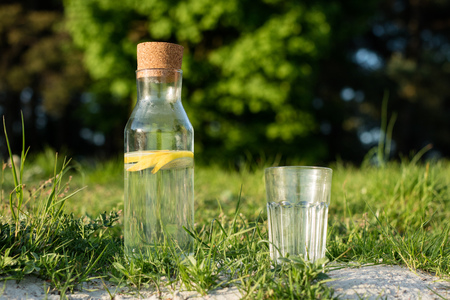 A bottle of water with lemon and a glass. Drink set in the grass by the lake Spring season.の写真素材