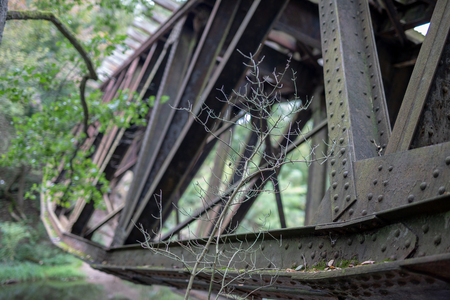 The old truss of the railway bridge. Steel construction connected by rivets. Season of the autumn.の写真素材
