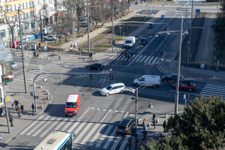 Gdynia, Pomorskie / Poland - February, 26, 2019:Crossroads of the main streets in Gdynia. Pedestrian...
