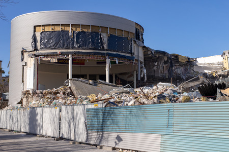 Gdynia, Pomorskie / Poland - February, 26, 2019:Demolition of the building at the Kosciuszki square. Demolition of a building in Gdynia.  Season of the spring.のeditorial素材