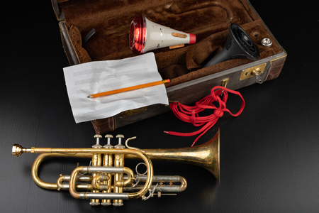 Old covered patina trumpet in a case. A historic wind musical instrument and a suitcase. Dark background.の写真素材