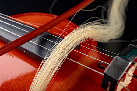 Broken bow to the violin. Damaged musical instrument. Dark background.の写真素材
