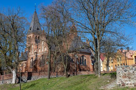 Sztum, pomorskie / Poland - April, 16, 2019: .Old construction from the Middle Ages. The Christian temple in Central Europe. Season of the spring.のeditorial素材