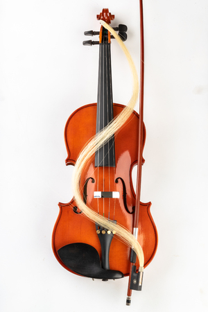 Violin and bow on a light background. A new stringed musical instrument. White backgroundの写真素材