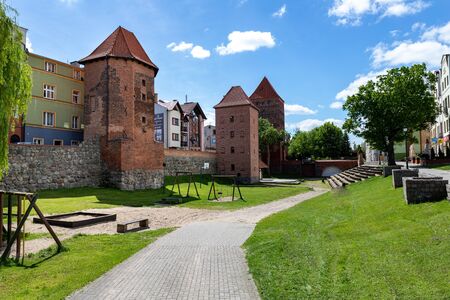 Chojnice, pomorskie / Poland - May, 29, 2019: A view of the old city walls in a small town in...