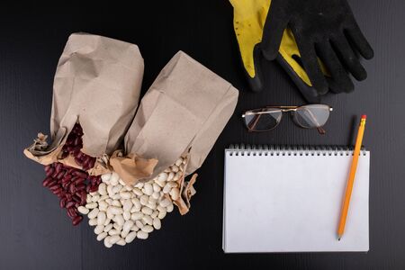 Bean in paper bags on the kitchen table. Food ingredients and notes. Dark background.