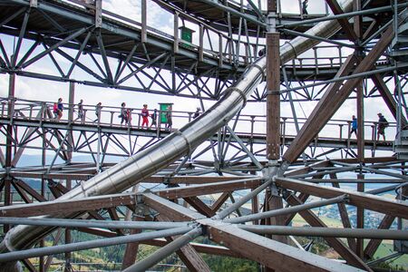 Velka Morava, Pardubick? kraj / Czech Republic - August, 14, 2018: Path in the clouds built in the Czech Republic. Steel construction in the mountains of Central Europe. Summer season.のeditorial素材