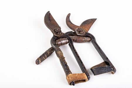 Old rusty pruning shears. Accessories for trimming tree branches and shrubs in your home garden....