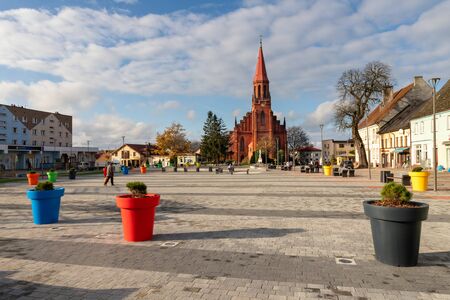 Bobolice, zachodniopomorskie / Poland - November, 7, 2019: Renovated small town market. Revitalization of the city center in Central Euroop. Autumn season.のeditorial素材