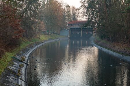 Zur, kujawsko pomorskie / Poland - December, 19, 2019: Hydroelectric power plant in Pomerania. Old historic power plant from the interwar period. Season Autumn.のeditorial素材