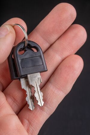 Small keys with a plastic handle kept in your fingers. Accessories for opening school lockers. Dark...