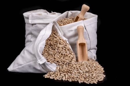 Sunflower seeds in fabric bags. Tasty beans from which oil is made. Dark background.の写真素材