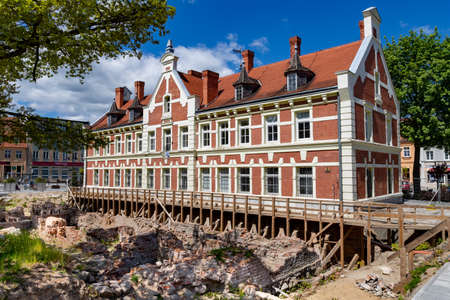 Starogard GdaÅski, pomorskie / Poland - May, 21, 2020: Archaeological work carried out in the city center. Rudder of townhouse walls discovered in a small town. Spring season.のeditorial素材