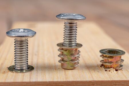 Special screws for joining wood. Carpentry accessories for building furniture. Workplace - workshop.の写真素材