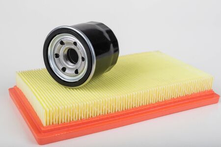 Air and oil filter for passenger car. Maintenance accessories for vehicles for private use. Light background.の写真素材