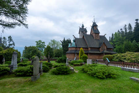 Karpacz, dolnoÅlÄskie / Poland-June 18, 2020.:The oldest wooden temple in Poland. Old Evangelical Church in Central Europe. Summer season.のeditorial素材